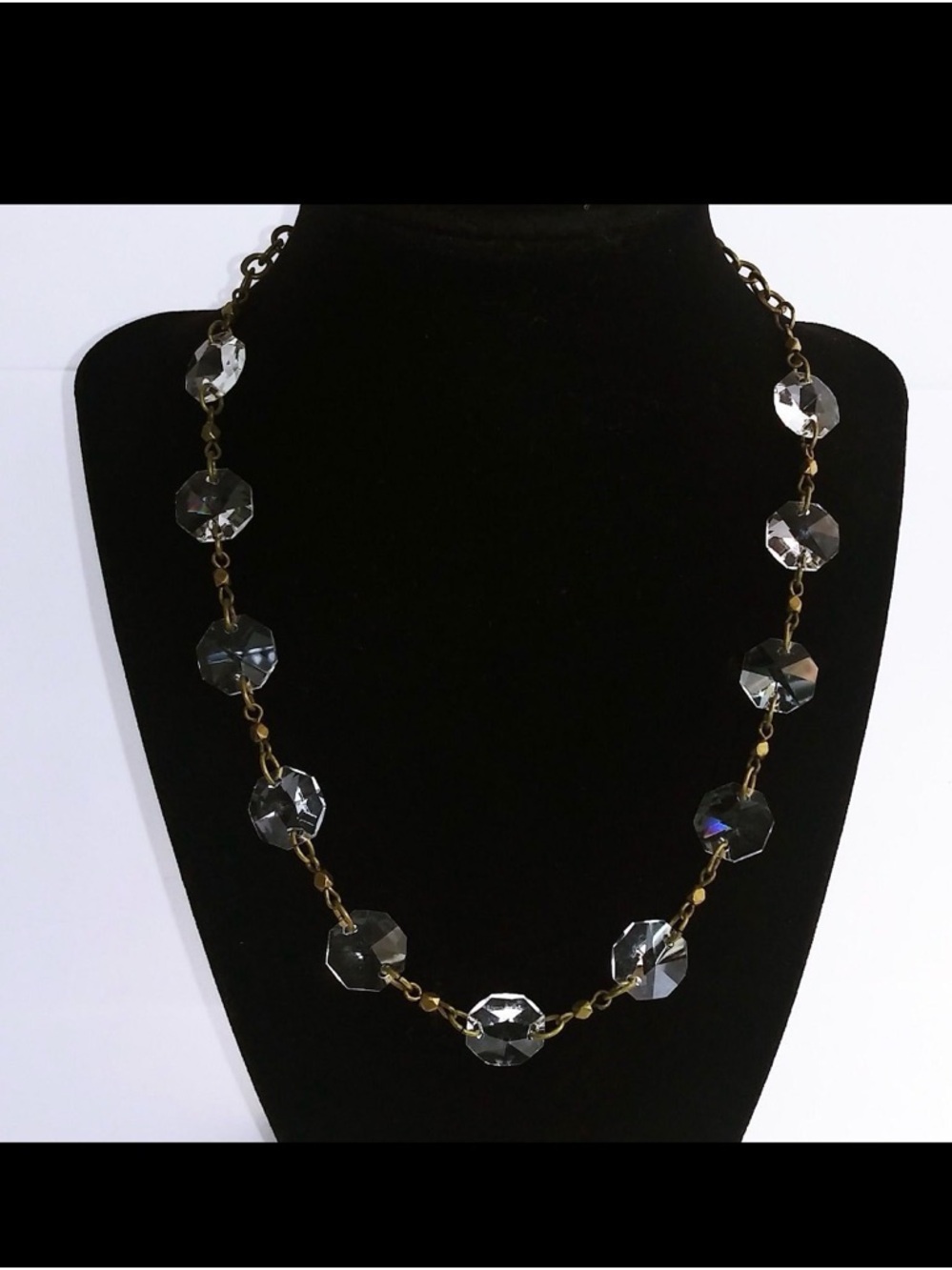 Aeo clear octagon crystal stationary brass necklace EUC
